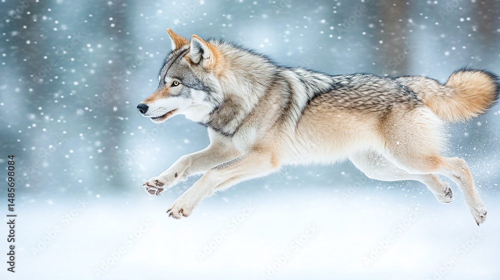 A majestic wolf in mid-air flight during a snowy winter scene. A majestic wolf in mid-air flight during a snowy winter scene.