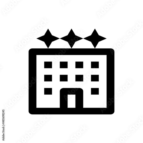 Illustration of a hotel building with three stars on top in black and white minimalist style icon design