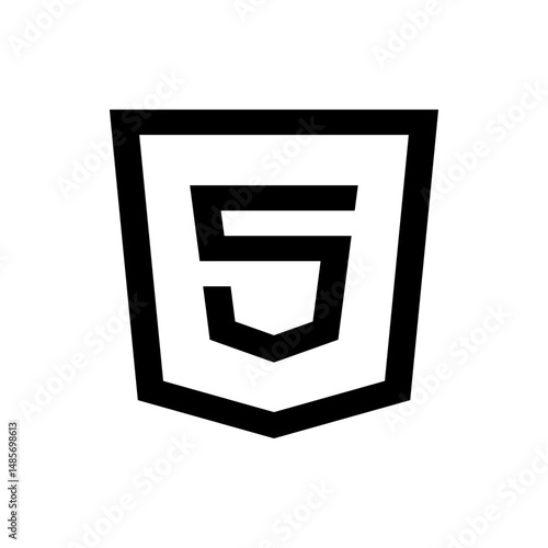 Black and white html five logo with shield shape and bold lines for web development and technology design