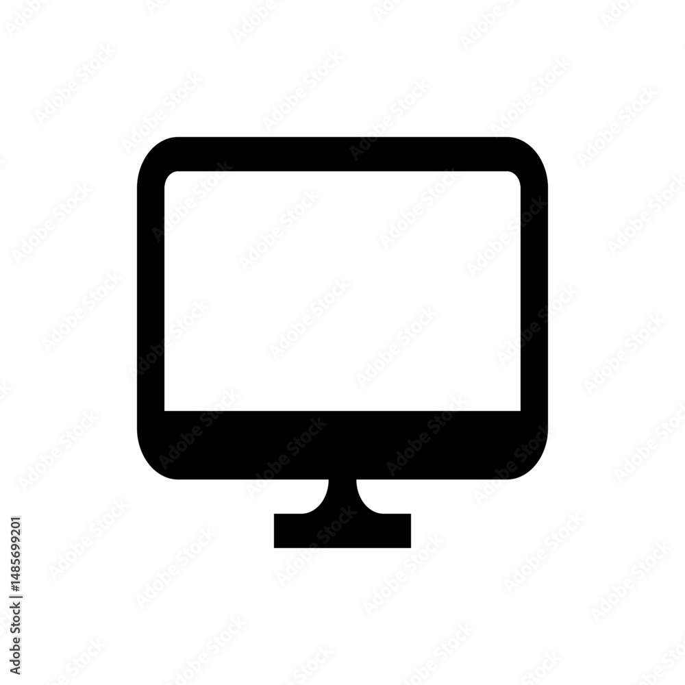 Black monitor with rounded corners and a rectangular stand displayed on a white background design element Black monitor with rounded corners and a rectangular stand displayed on a white background design element