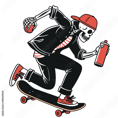 A whimsical illustration of a skeleton skateboarding, deftly wielding a spray can, amidst vibrant graffiti art.