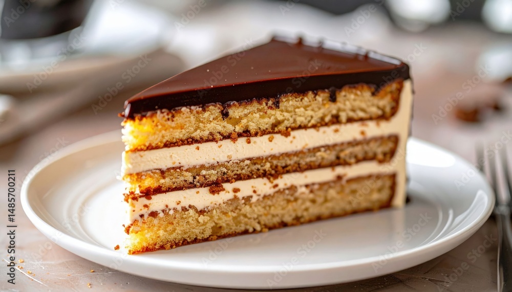 Chocolate Iced Layered Cake Slice On Plate Chocolate Iced Layered Cake Slice On Plate
