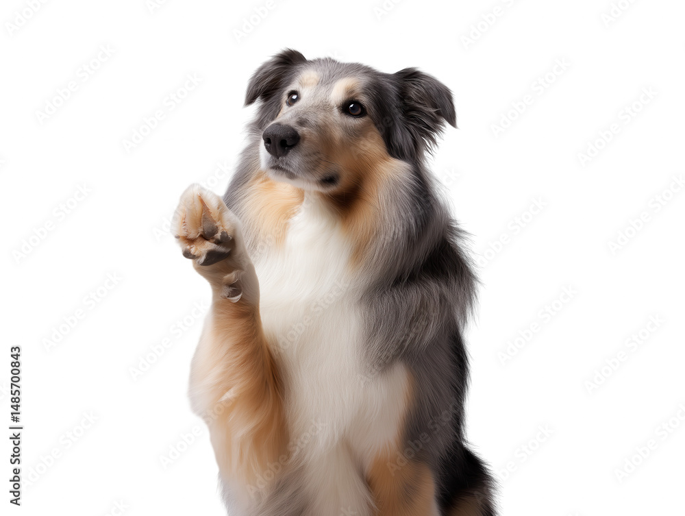 Gray and white dog standing on hind legs with front paw raised, isolated on transparent background Gray and white dog standing on hind legs with front paw raised, isolated on transparent background