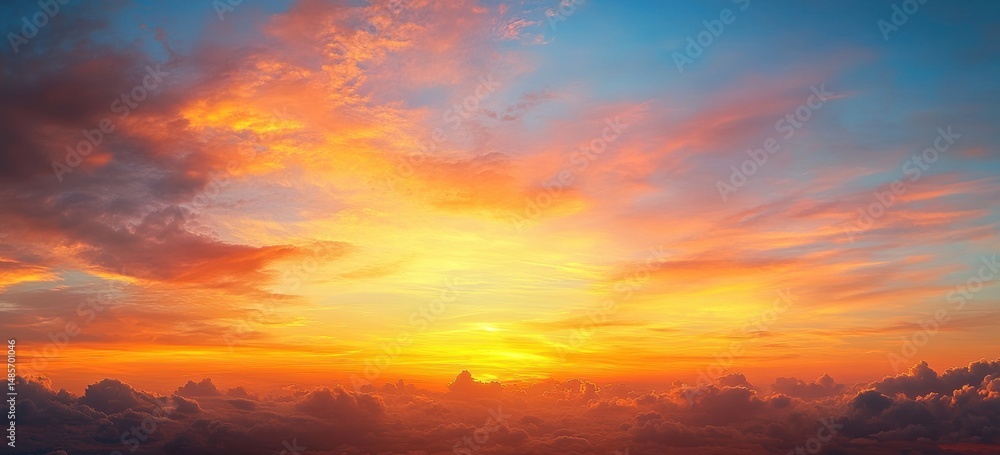 Obraz premium Colorful sunset sky with bright yellow, orange, pink, and blue hues above a layer of dark clouds creating a peaceful and majestic atmosphere