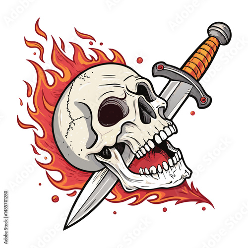 A detailed illustration of a skull fiercely biting a dagger, engulfed in fiery flames and dripping with blood;  silhouetted against a dark background.