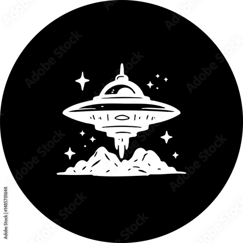 Stylized UFO over a desolate landscape, a symbol of extraterrestrial visit