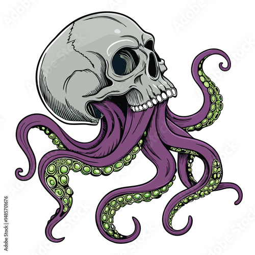 A detailed illustration of a human skull seamlessly fused with an octopus, its tentacles organically growing from the skull's sockets and cranium.