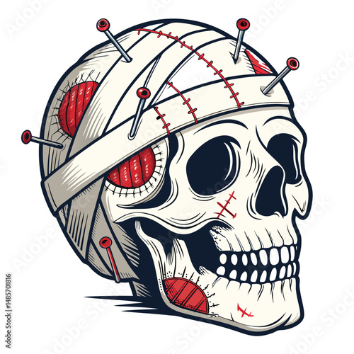 A detailed close-up of a human skull meticulously wrapped in aged, blood-stained bandages, secured with numerous surgical pins.  Z.