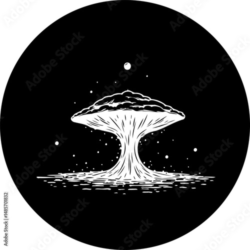 A stylized illustration of a mushroom cloud emerging from a dark circular backdrop