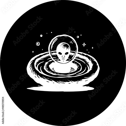 Extraterrestrial Being Emerging from a Cosmic Portal Depicted in Black and White