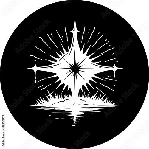 Mystic monochrome emblem featuring radiating star and surreal watery reflection