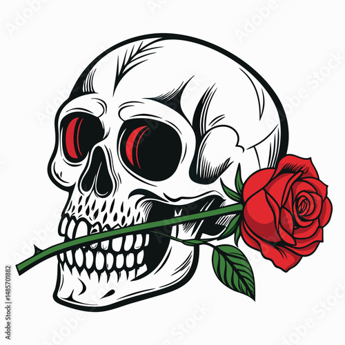 A dramatic, romantic close-up of a human skull delicately holding a vibrant red rose between its teeth, showcasing intricate skull details and soft rose petals.