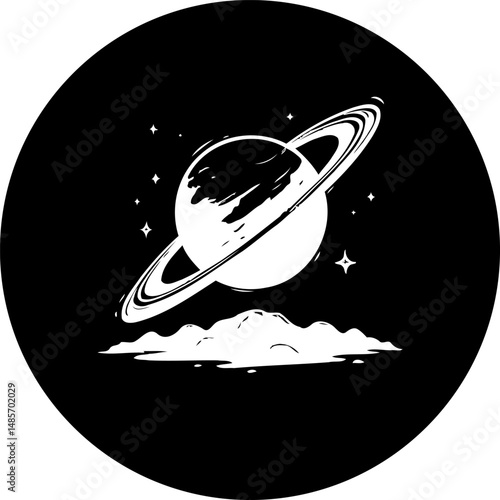 Enigmatic celestial sphere encircled by rings amidst a constellation of stars