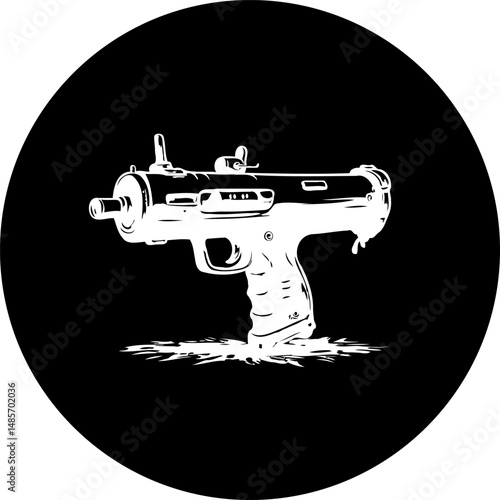 Stylized firearm emblem in stark contrast against a dark circular background
