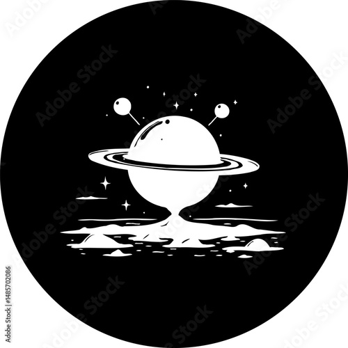 Monochrome space icon featuring a stylized planet landing on a watery surface