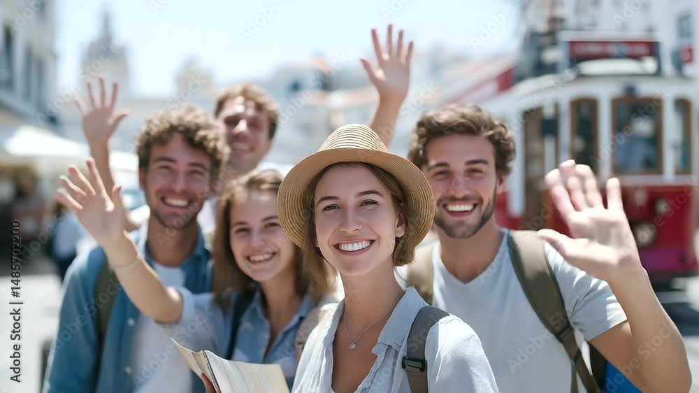 Joyful travelers exploring a lively European city during the summer season. Joyful travelers exploring a lively European city during the summer season.