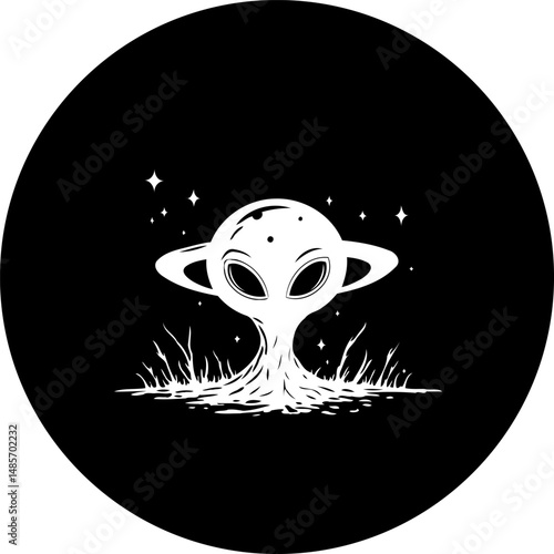 Extraterrestrial Being Emerging in Cosmic Wilderness Monochrome Depiction