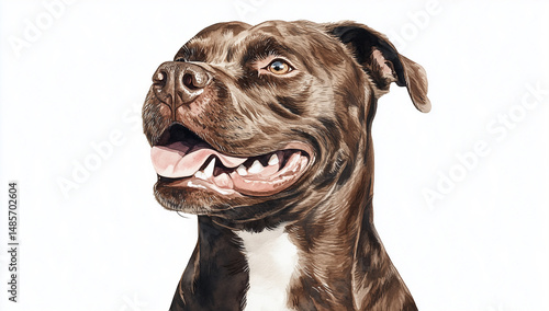 Happy dark brown pitbull in watercolor