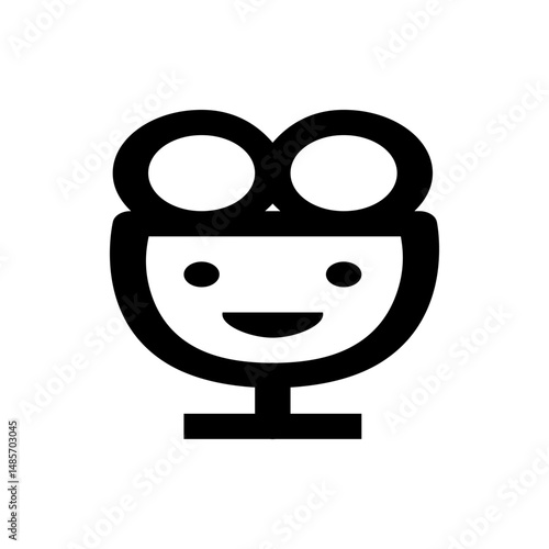Illustration of a cute ice cream sundae with a smiling face and two scoops on top in black and white style