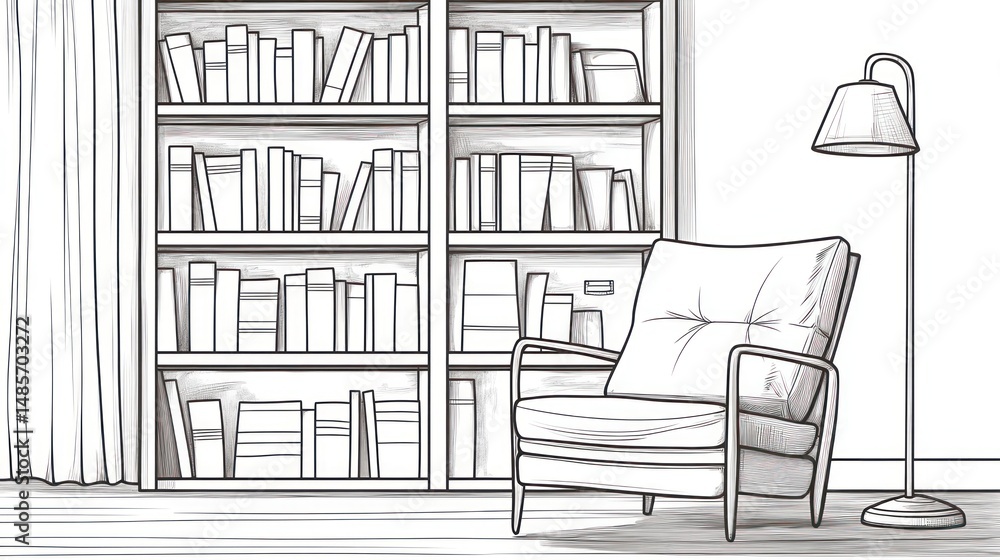 Fototapeta premium Interior sketch of a reading nook with bookshelves and armchair