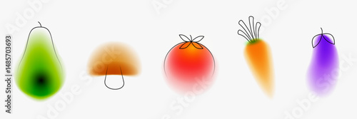 Avocado, tomato, mushroom, carrot, eggplant. Set vegetable plant in creative minimal style. Modern fashion concept design with simple shape lines and blur gradient elements. Bright vector illustration