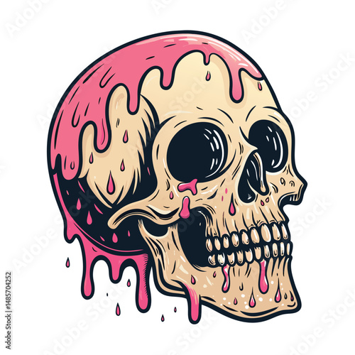 Render a hyperrealistic image of a human skull melting like candle wax, its features grotesquely distorted and dripping.  Focus on textural detail and the contrast between bone and molten wax.