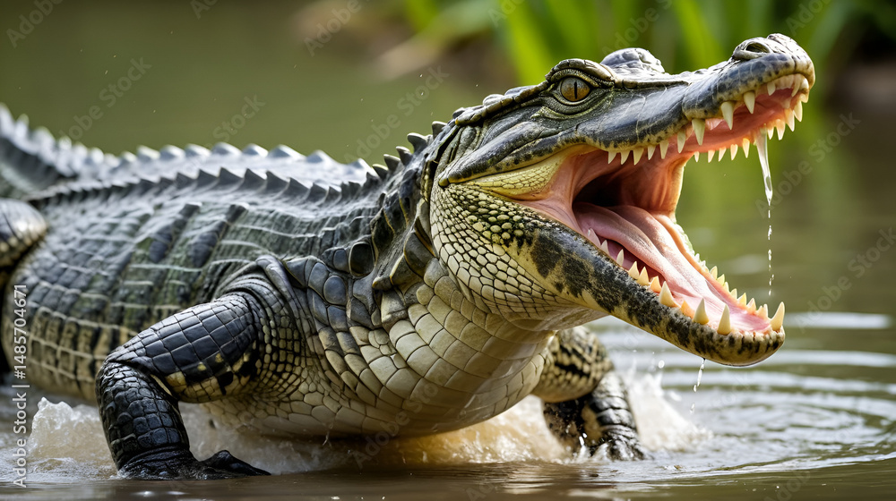 Fototapeta premium Crocodile ready to jump and attack with open mouth, predator, wildlife, dangerous, reptile, teeth, water, aggressive, ambush
