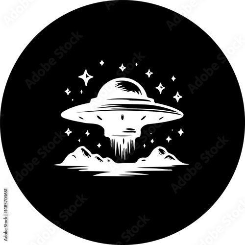 Monochrome cosmic arrival depicting a ufo landing in a remote, snowy landscape