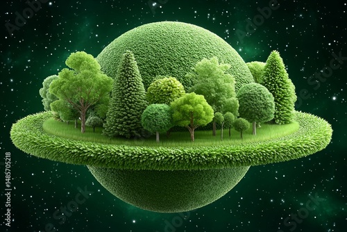 A tiny ecosystem orbiting a green sun on a miniature planet