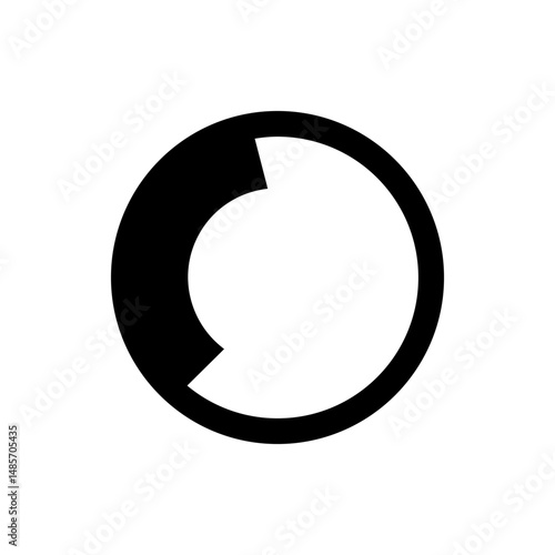 A simple black and white graphic depicting a circular shape with a partial cutout on the left side area
