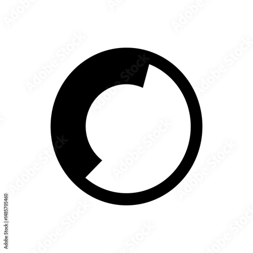 A black and white graphic of a partial circle with a section removed creating a crescent shape design element