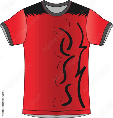 Sporty Red T Shirt with Black Tribal Pattern, Athletic Streetwear Style, Bold and Modern Apparel Design, Perfect for Activewear, Workout, or Sports Fashion Templates