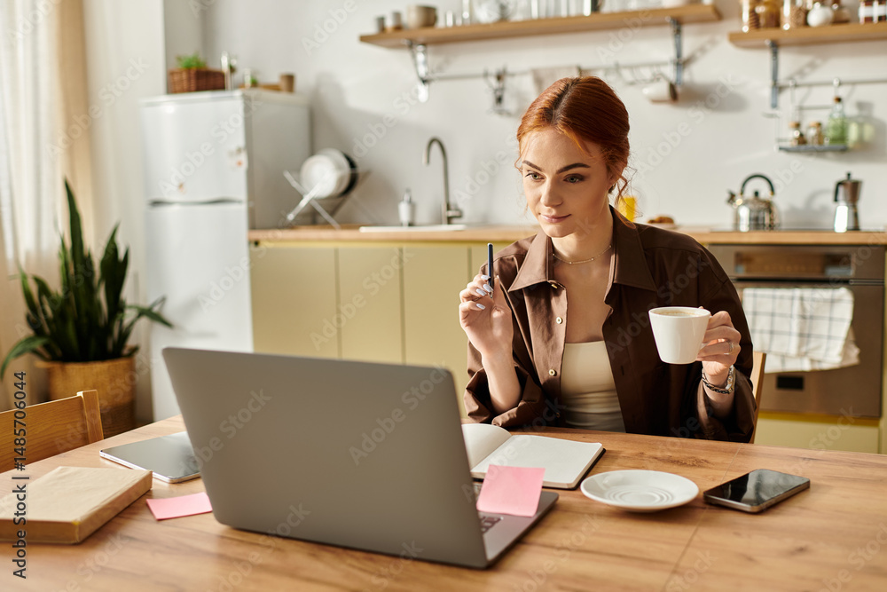 Red haired woman enjoying coffee while working on a laptop in a cozy kitchen setting Red haired woman enjoying coffee while working on a laptop in a cozy kitchen setting