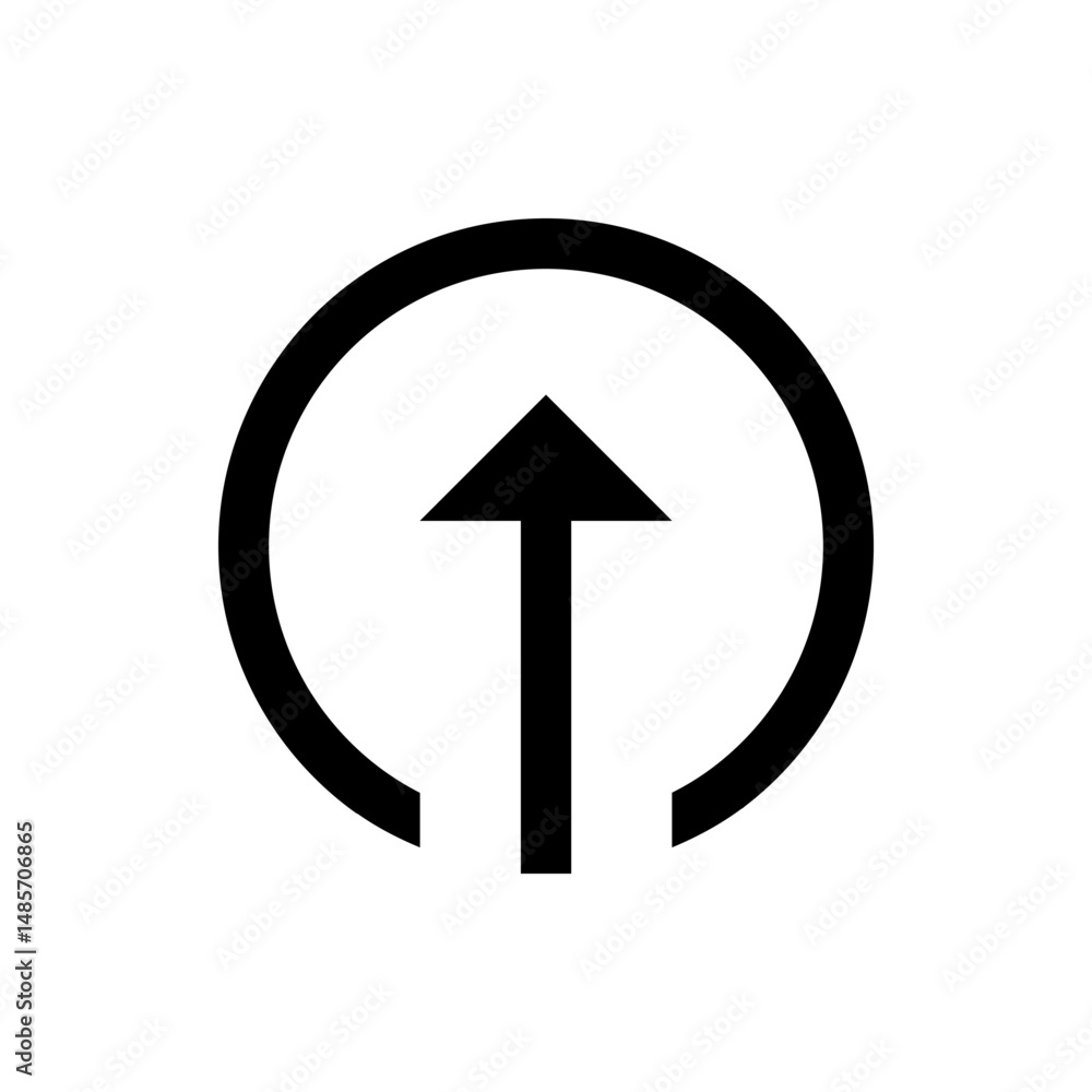 Black upward arrow enclosed within a partially complete circle shape on a plain white background view