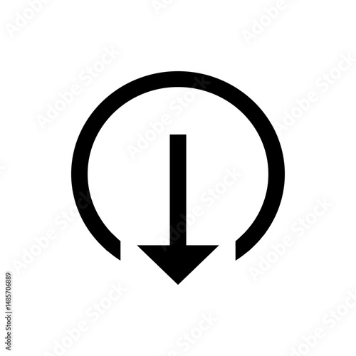 Black arrow pointing down inside a partial circle indicating a download or direction icon symbol image