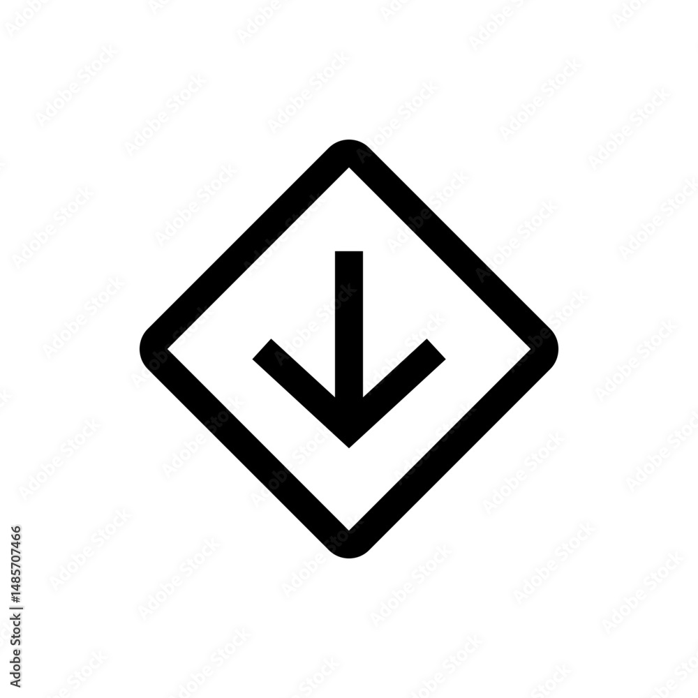 Black downward arrow inside a diamond shape with white background representing direction and navigation icon Black downward arrow inside a diamond shape with white background representing direction and navigation icon