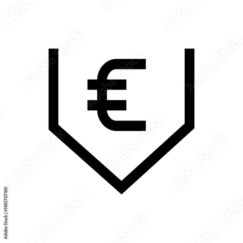 Euro symbol inside a downward pointing chevron shape in black and white minimalist design style vector illustration