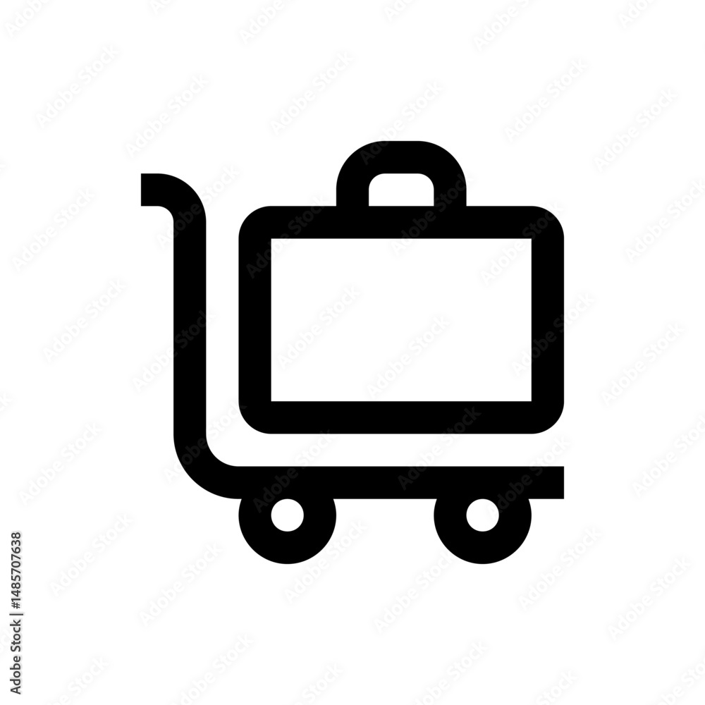 Illustration of a luggage cart with a suitcase on top, presented in a simple black and white outline style Illustration of a luggage cart with a suitcase on top, presented in a simple black and white outline style