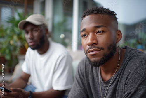A close-up of two friends engaged in a deep conversation, highlighting the connection between them, surrounded by greenery that adds to the ambiance of friendship. photo