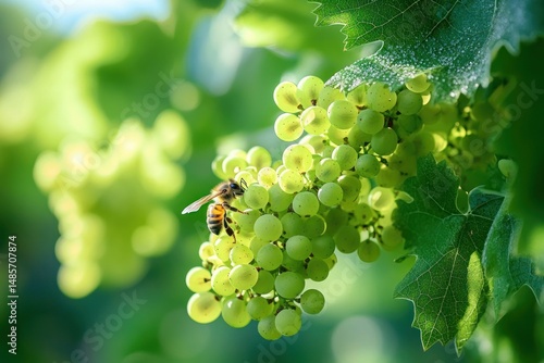 Close-up of a bee collecting nectar on a cluster of green grapes surrounded by grapevine leaves under natural sunlight