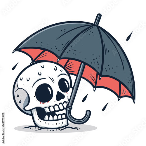 A grinning skull, wearing a tattered, cracked white umbrella, smiles cheerfully against a stark white background.  Detailed, high-resolution image.