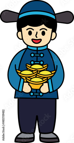 Chinese boy holding ancient chinese money