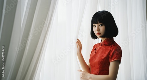 Young Woman in Red Dress by Window