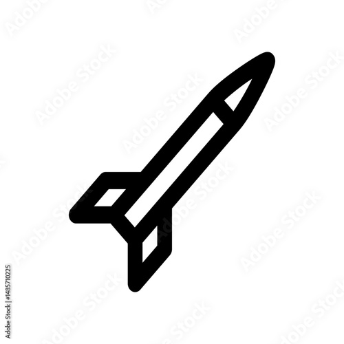 Illustration of a simple black and white rocket ship with a pointed nose and angular fins design style