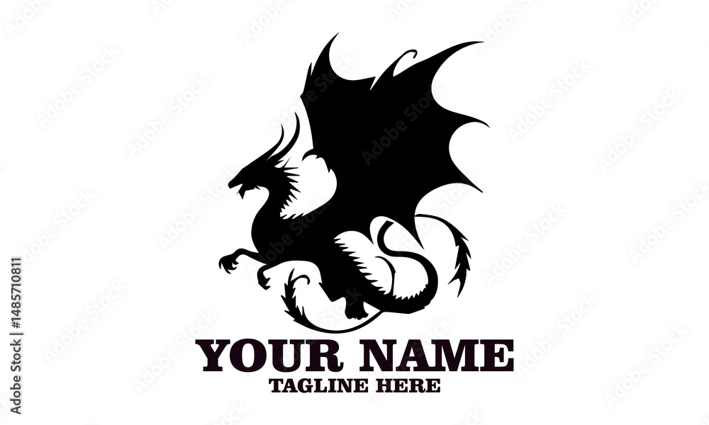 Mythical dragon silhouette with large wings and curled tail in flight pose on white background. Fantasy concept Mythical dragon silhouette with large wings and curled tail in flight pose on white background. Fantasy concept