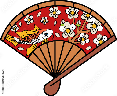 illustration of Chinese flower and koi fish pattern fan