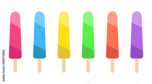 Colorful set of  ice cream in pink, blue, yellow, green, orange, purple.Popsicle sticks collection isolated on white background.Vector graphic illustration.Summer element. 