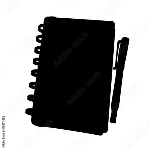 Black silhouette spiral notebook with pen vector illustration for education and office supply needs