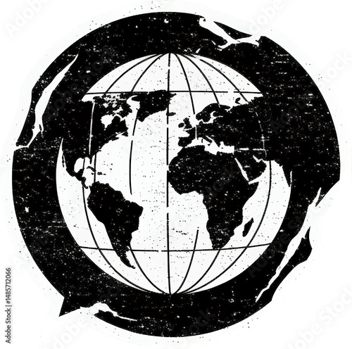 Black and white globe illustration representing worldwide connectivity, ideal for environmental, global business, or technology themes.