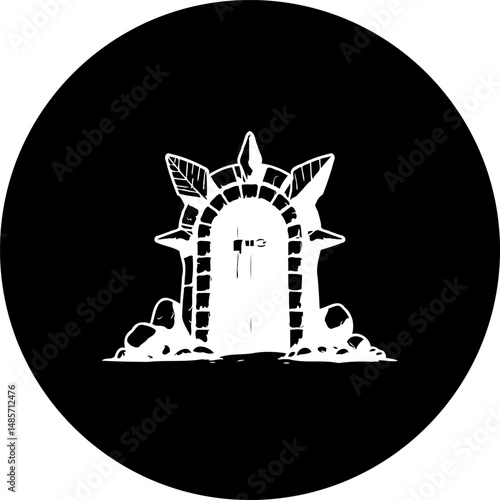 Monochromatic mystic entrance illustration in circle representing surreal realms